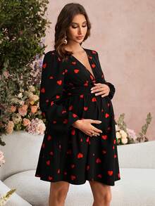 SHEIN Maternity Clothes Maternity  Dress Spring And Summer Pregnant Clothes Black Dress Lace V-Neck  Elegant Party Valentine's Day - Red and Black - View 7