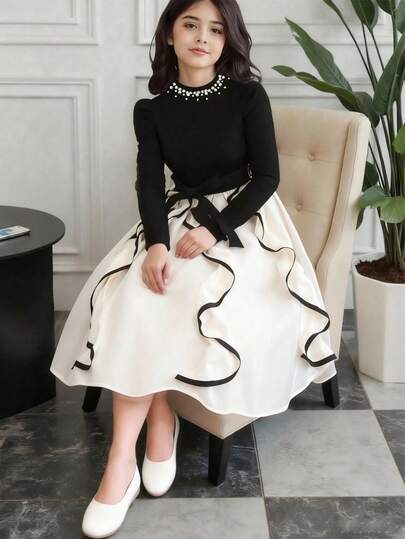 SHEIN Christmas,Halloween,Black Dress,Black Dress,Winter Clothes,Winterclothes For Kids,Autumn Clothes,Halloween,Halloween Costumes,Christmas Clothes,Elegant Waist Cinched Long Sleeve Teen Girls Dresses Girl Black And White Dress Elegant Long Sleeve Dress Dress With Big Bow Black And White Fall