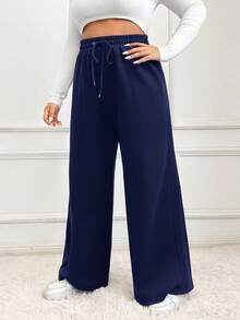 SHEIN EZwear Plus Size Navy Blue Drawstring Waist Pockets Casual Wide Leg Sweatpants - Navy Blue - View 6