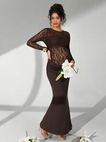 Cheriluna Maternity Solid Color Lace Long Sleeve Long Ruffle Mermaid Hem Maternity Photography Dress - Brown - View 6