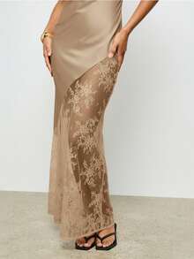 AiiRZ Strapless Maxi Dress With Lace Insert Panel Long Elegant Evening Formal Gown Bodycon Fitted Silhouette Special Occasion Party Wear - Champagne - View 4