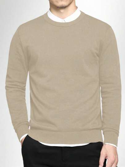 Manfinity Mode Men's Solid Color Round Neck Long Sleeve Sweater, For Fall Winter