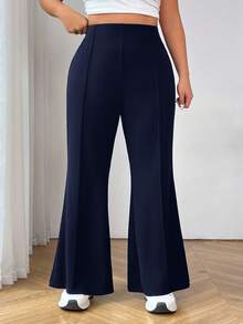 SHEIN PETITE CURVE Plus Size Fashionable Versatile Solid Color Flare Pants Autumn Winter Clothes For Women - Navy Blue - View 6