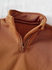 SHEIN Playful Pals 两件套女童针织卫衣，单面抓绒半拉链套头衫，休闲经典百搭浅灰色两件套 - 棕色 - 查看 5