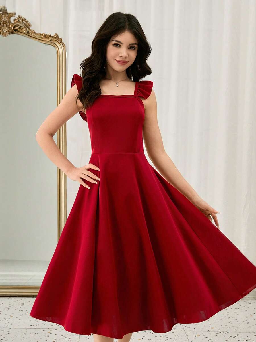 Robe de soirée élégante à col carré et manches courtes, couleur unie, pour adolescentes