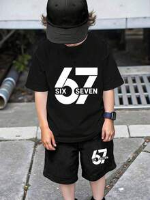 2件套男童休闲舒适时尚百搭创意趣味数字“67”字母印花短袖圆领T恤和短裤套装，适合夏季户外、运动、上学穿着 - 黑色 - 查看 3