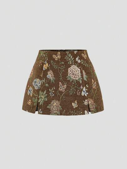 SHEIN PETITE 复古优雅派对风棕色碎花A字短款迷你裙，适合娇小女性，秋冬季穿着