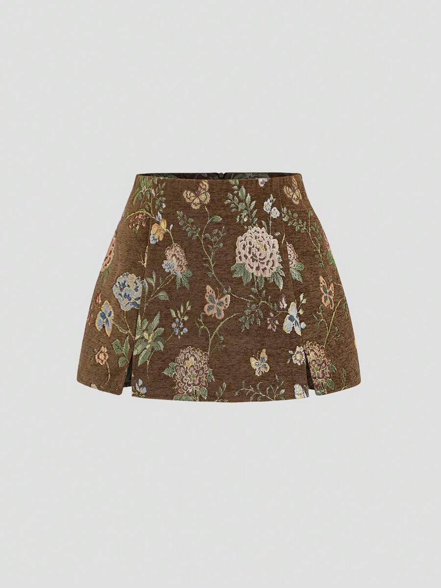 SHEIN PETITE 复古优雅派对风棕色碎花A字短款迷你裙，适合娇小女性，秋冬季穿着