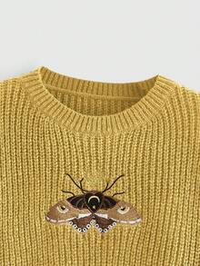 ROMWE Hippie Women's Animal Embroidery Crew Neck Casual Versatile Long Sleeve Pullover Sweater - Yellow - View 3