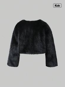 Sweetra Tween Girl 短款蓬松毛绒外套，优雅可爱，秋冬 - 黑色 - 查看 2