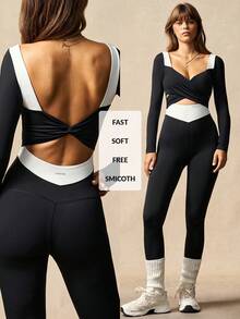 VARSIVA Women's Black And White Color Block Long-Sleeved Jumpsuit With Knotted Ballet Style, Elegant Long Sleeves, Crossover, Simple Casual Jumpsuit, Fitness Wear, Suitable For Yoga Fitness, Spring, Autumn And Winter - Multicolor - View 1