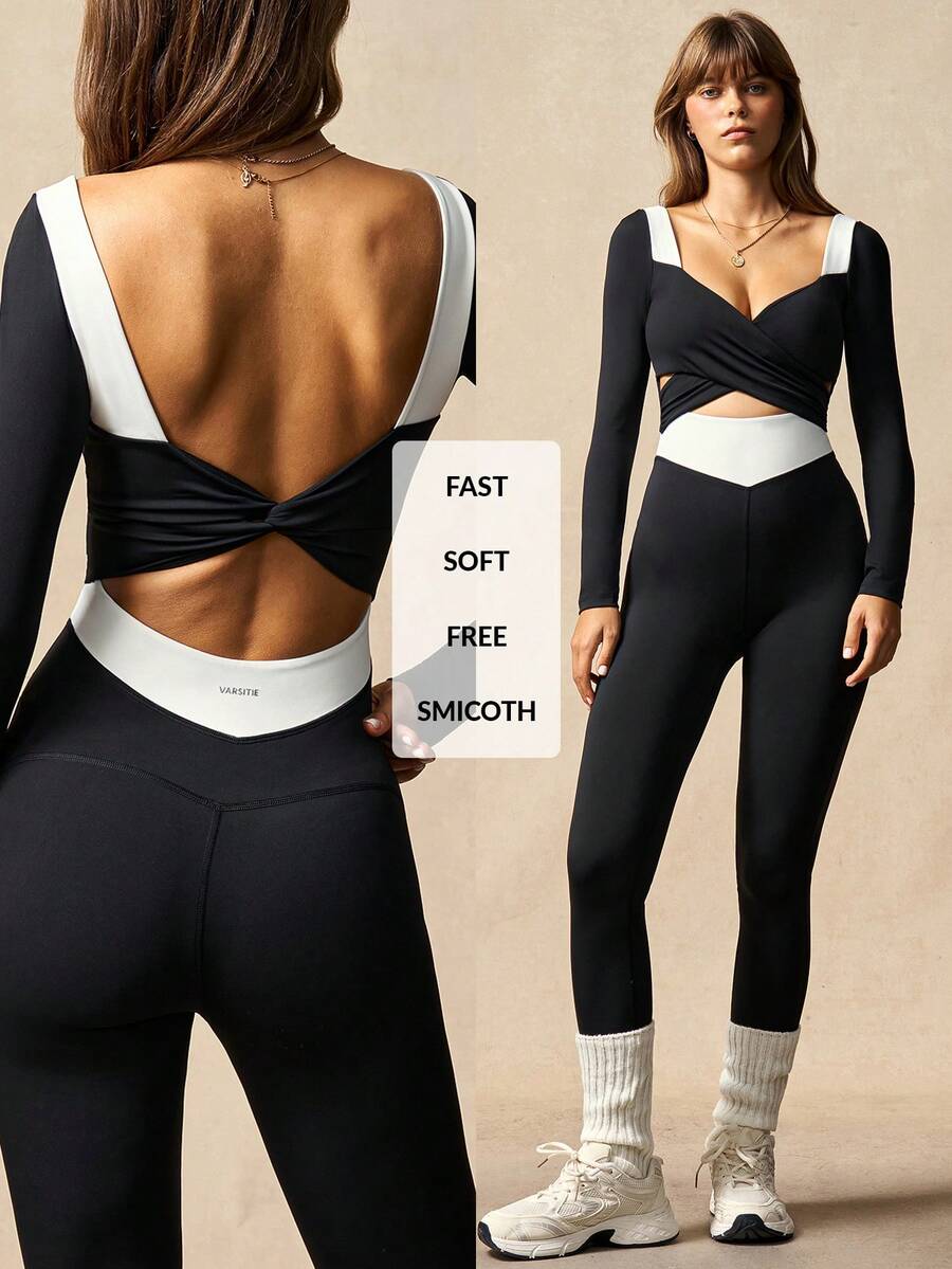 VARSIVA Women's Black And White Color Block Long-Sleeved Jumpsuit With Knotted Ballet Style, Elegant Long Sleeves, Crossover, Simple Casual Jumpsuit, Fitness Wear, Suitable For Yoga Fitness, Spring, Autumn And Winter - Multicolor - View 1