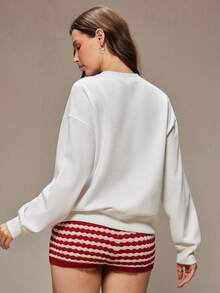 WESTFADE Crewneck Lobster Embroidered Long Sleeve Relaxed Cotton Blend French Terry Sweatshirt Fall, Autumn, Winter, Casual Cute, Boho, Resort - White - View 5