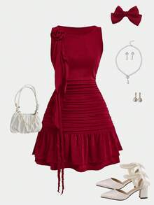 SHEIN Tween Girl Casual Elegant French Ruffle 3D Floral Decor Pleated Asymmetric Round Neck Sleeveless Fitted Short Dress, Princess Dress, New Year Party, Spring Outing, Daily Wear, Burgundy Dress For Tween Girls Mother-Daughter Matching, Tween Girls Sleeveless Dress, Red Teen Girls Dress, Tween Girl Burgundy Dress, Maroon Dress For Girl