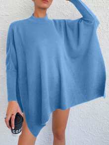 EURMUSE Solid Color Split Hem Casual Loose Fit Long Sleeve Pullover Sweater - Baby Blue - View 4