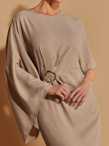 COSMINA 女士优雅金属扣褶皱长袖连衣裙，适合派对和通勤等各种场合，四季皆宜 - 卡其色 - 查看 5