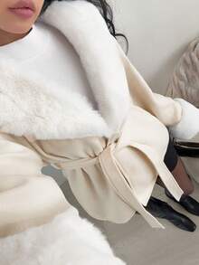 SHEIN EZwear 大码女式纯色毛领落肩长袖休闲外套，秋冬款 - 白色 - 查看 3