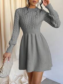 Solid Color Long Sleeve Knitted Sweater Dress - Grey - View 6