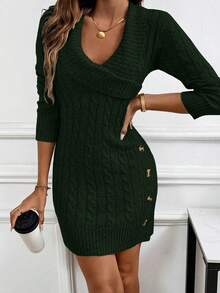 EMERY ROSE Collared Knit Long Sleeve Comfortable Sweater Dress - Dark Green - View 3