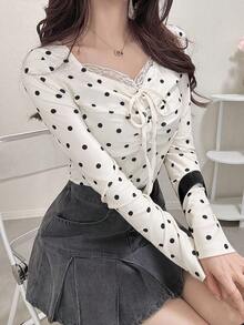 FRIFUL 女士时尚优雅波点印花蕾丝拼接系带T恤 - 白色 - 查看 5