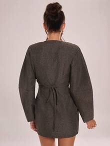 Avenya Vestido corto casual de uso diario/trabajo con cuello cruzado, mangas farol y botones metálicos delanteros para mujer, primavera/otoño - Café integral - Ver 6