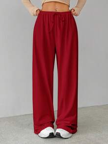 SHEIN Tall Soft White Knitted Home Baggy Pants, Loose Pant Wide Pants Elastic Waist Pants - Burgundy - View 6