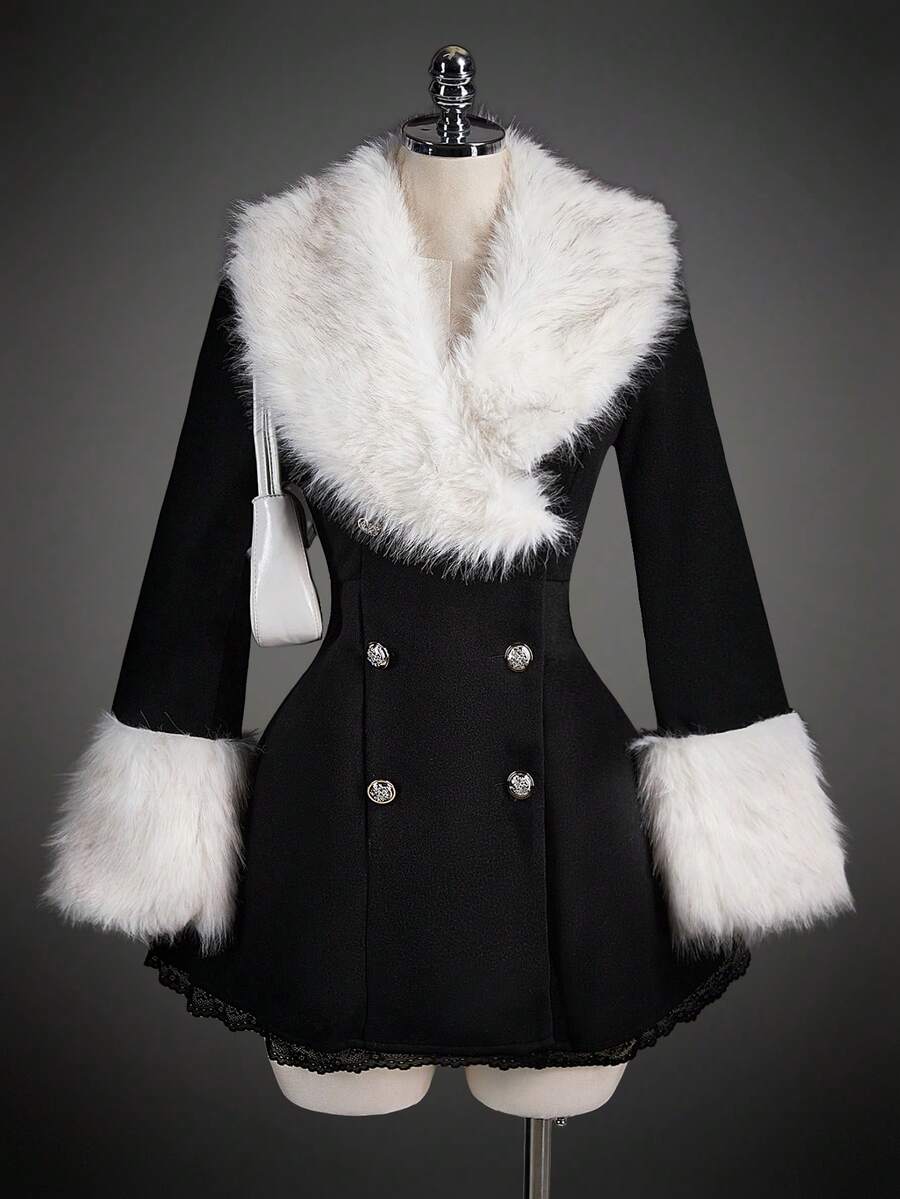 SHEIN ICON Women's Autumn/Winter Fashion Patchwork Faux Fur Double-Breasted Lace Trim Padded Coat - Black and White - View 1