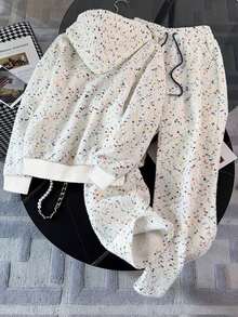 SHEIN All-Over Print Hooded Zip-Up Jacket And Drawstring Waist Long Pants Casual Suit - White - View 2