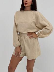 Aloruh Women's Cotton Long Sleeve Plunging Neck Backless Jumpsuit - Apricot - View 6