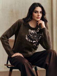 Anewsta Áo len thu đông thanh lịch, sang trọng, thêu kim sa và đính đá, cổ tròn - Màu nâu  Mocha - Xem 5