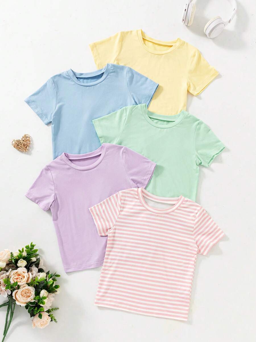 SHEIN ChillGRL 6件組女童休閒舒適素色圓領短袖T恤套裝 夏季1歲生日 嬰兒粉 嬰兒藍 綠色 紫色