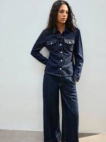 Maija Retro Classic Collared Denim Cardigan With Shoulder Detail, Puff Sleeves, A-Line Hem, Denim Jacket. - Dark Wash - View 5