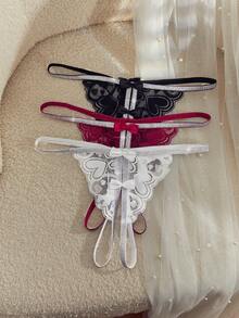 SpicyHot 3pcs/Pack Glittery Silver Ribbon, Charming Heart Lace Seductive Women's Sexy Panties Set - Multicolor - View 1