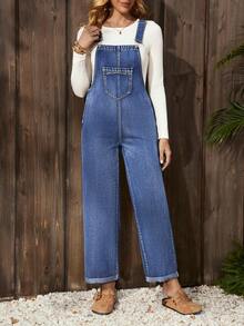 EMERY ROSE Women's Casual Versatile Everyday Commute Denim Bib Pants With Pockets - Medium Wash - View 5