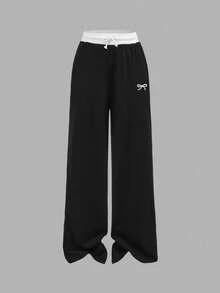 SHEIN Girlism Bộ đồ thời trang cho bé gái tuổi teen, áo phông cơ bản ôm sát, thêu nơ, phối sọc đen trắng tương phản, quần ống rộng cạp chun tương phản, phong cách thể thao đường phố thường ngày, thể thao, thoải mái khi đi học, thể thao bóng đá, bộ đồ mặc ngoài trời thoải mái - Đen và trắng - Xem 5