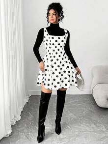 Elenzga 大码女式优雅方领黑白波点无袖喇叭迷你连衣裙，适合返校、毕业、假期、情人节、圣诞节、音乐节、母亲节、万圣节、感恩节、复活节、国庆节、舞会、约会、派对、婚礼、户外旅行等场合。 - 彩色 - 查看 8