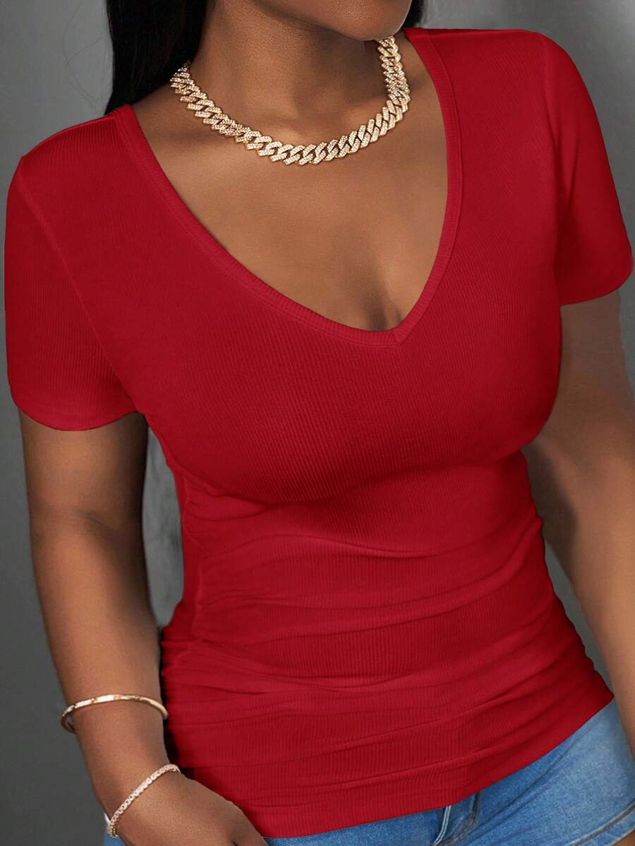 Slaydiva 2025 New Plus Size Women Casual Basic Racerback Sleeveless Deep V-Neck Ribbed White T-Shirt