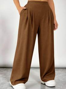 SHEIN VCAY 大码纯色褶裥休闲阔腿裤 - 棕色 - 查看 3