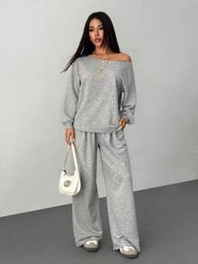 SHEIN PETITE 女士秋冬/夏季四季皆宜街头风露肩长袖灰色卫衣搭配高腰弹力灰色长裤两件套，舒适休闲两件套 - 灰色 - 查看 6