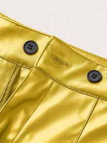 Franclia Women's Casual Fashion Street Chic Solid Color PU Leather Overlap Waist Fold Pleated Shorts - Mustard Yellow - View 4