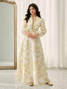 提花面料高腰喇叭长裙，适合婚礼、舞会、演出、生日、宴会等场合。优雅长裙，米白色碎花连衣裙，圣餐泡泡袖长裙，V领长袖连衣裙，女士碎花长裙 - 杏色 - 查看 6