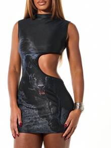 SUMWON WOMEN Vestido mini ajustado sin mangas con cuello alto, recorte y estampado de pantera en malla para fiesta, club y salida nocturna - Negro - Ver 4