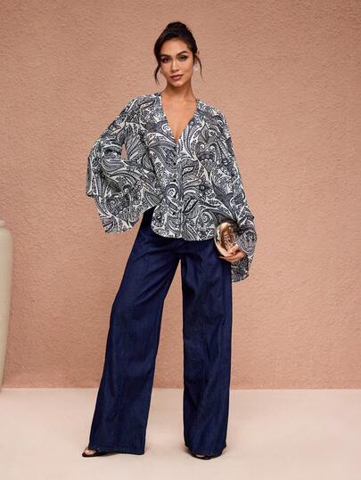 JIAN LASALA Black And White All-Over Print Chiffon V Neck Button-Up Layered Ruffled Long Sleeves Loose Women Casual Elegant Blouses Office Business Casual Blouses Resorts For Women Resort Wear Havana Nights Beach Wedding Guest