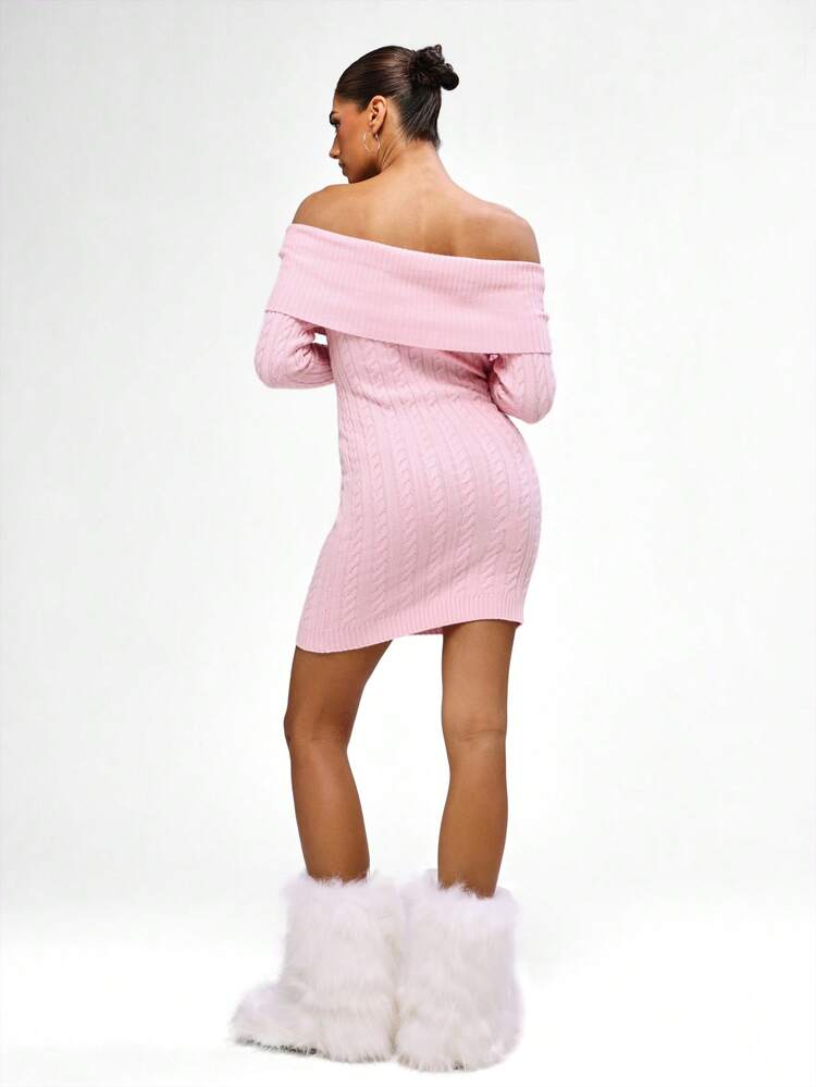 BABYPHAT Sukienka sweterkowa mini z odkrytymi ramionami i długim rękawem, wykonana z dzianiny kablowej, z zakładkami, idealna na co dzień, na jesień i zimę