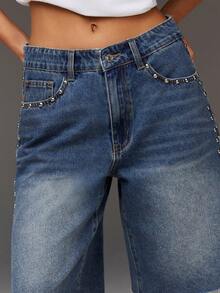 Athîral Denim شورتات جينز مقصرة بفضفاضة للنساء، مزينة بالدبابيس، مخصرة، أنيقة وكلاسيكية، شورتات متوسطة متعددة الاستخدامات - الأزرق - مشاهدة 5