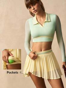 VARSIVA Women's Light Green Color-Blocked Polo Collar Mesh Long-Sleeved Short Top And Yellow Color-Blocked Pullover Pleated Skirt With Built-In Jumpsuit Shorts To Prevent Wardrobe Malfunctions, Tennis-Style Sportswear Set. - Multicolor - View 9