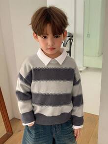 DAZY Young Boys Casual Loose Fit Striped Knit Sweater, Japanese Style For Autumn - Dark Grey - View 4