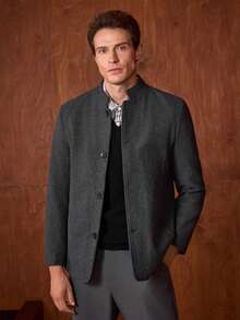 Officeau Men's Slim Fit Stand Collar Single-Breasted Wool Blend Coat, Autumn/Winter - Light Grey - View 1