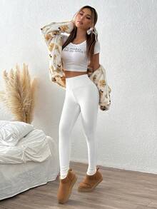 SHEIN EZwear Plus Size Solid Color High Waist Fleece Leggings, Autumn/Winter - White - View 4