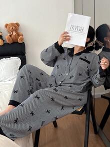 SHEIN 加大码撞色领荷叶边蝴蝶结条纹长袖睡衣套装 - 黑色 - 查看 6